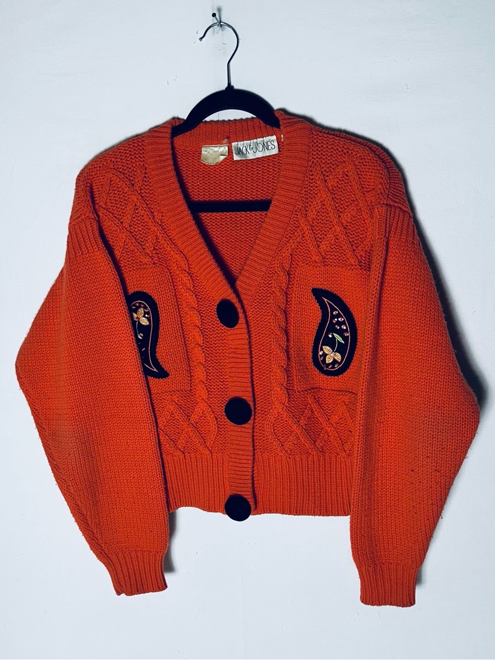 Vintage 80s Jack Jones Orange Cable Knit Paisley Patch Cardigan M Cottagecore
